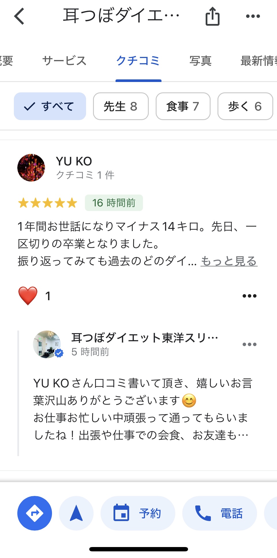 １年間お世話になりマイナス１４キロ。先日、一区切りの卒業となりました。 振り返ってみても過去のどのダイエットよりも健康的で、苦しい我慢もなくストレスに感じることはありませんでした。 短期ダイエットを繰り返しリバウンドしてきたので我慢のダイエットは長い目でみると逆効果だということを体感してきたので焦らず通えたということも自分に合っていました。 （ですが月3キロ落ちたことも） 先生のアドバイスにそって成果が出たときは自分ごとのように喜んでくださり、すこし気が緩んで深夜まで飲んで食べての連休で体重が増えたときの先生はとても寂しく残念そうな顔に…。 その表情をみたときに、いただくアドバイスや施術を無駄にしないようにせねばと強く思い、自分でも食や暮らしに対して丁寧な思考になることができました。 とはいえ仕事的に日々10000歩を歩ける日は少なく、テレビを見ながらのゆるい宅トレやジュースを麦茶に変えるなどの自分なりの工夫で合格点とした部分もありますが… 毎回いただいたアドバイスは知識の蓄積となり、体重を測ることは習慣化し、おやつの嗜好も変わってきました。 体重が減るだけでなく健康であることが最優先となる年代なので、施術での成果だけでなく食事内容や生活の質も向上したと感じています。 たまたまネット検索で藤岡鍼灸院を見つけて本当に良かった。 先生ありがとうございました！ つらいダイエットを続ける自信がない人にこそおすすめしたい鍼灸院です。 藤岡より YU KOさん口コミ書いて頂き、嬉しいお言葉沢山ありがとうございます😊 お仕事お忙しい中頑張って通ってもらいましたね！出張や仕事での会食、お友達も多くプライベートでも外食も多い中、増えてもその前後で調整してゆっくりではありましたが着実にゴールに向かって進みましたね。痩せて来られるとやはり嬉しいですし、またその逆もで…つい表情に出てましたかね？😅 結果標準体重以下、体脂肪率も良い感じになりました。ほんと健康的になられてお若くなられました😃 これからはこの状態をキープしていくのみです。 良い生活習慣を身につけられたので大丈夫！YU KOさんなら体重維持できます👍 ほんとよく頑張って頂きました。これからも健康的な楽しい充実した人生を！ ひとまずお疲れ様でした！